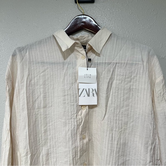 NWT Zara Wrinkled Look Shirt Beige Button Up Open Back Women’s Size Medium Linen - Picture 3 of 10